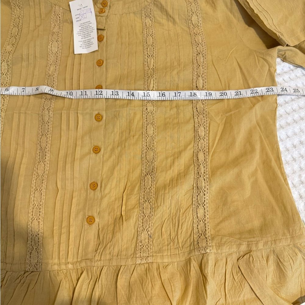New Vintage Advance Apparels Creek Mustard Button-Down Peplum Blouse with lace - Picture 5 of 8